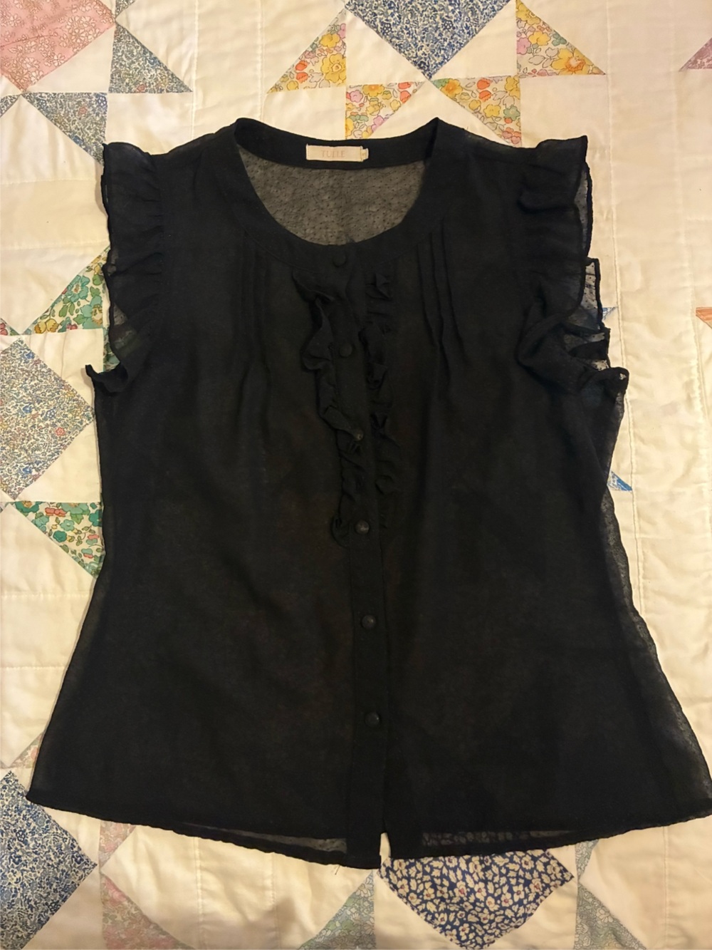 Tulle Black Ruffled Button-Front Blouse